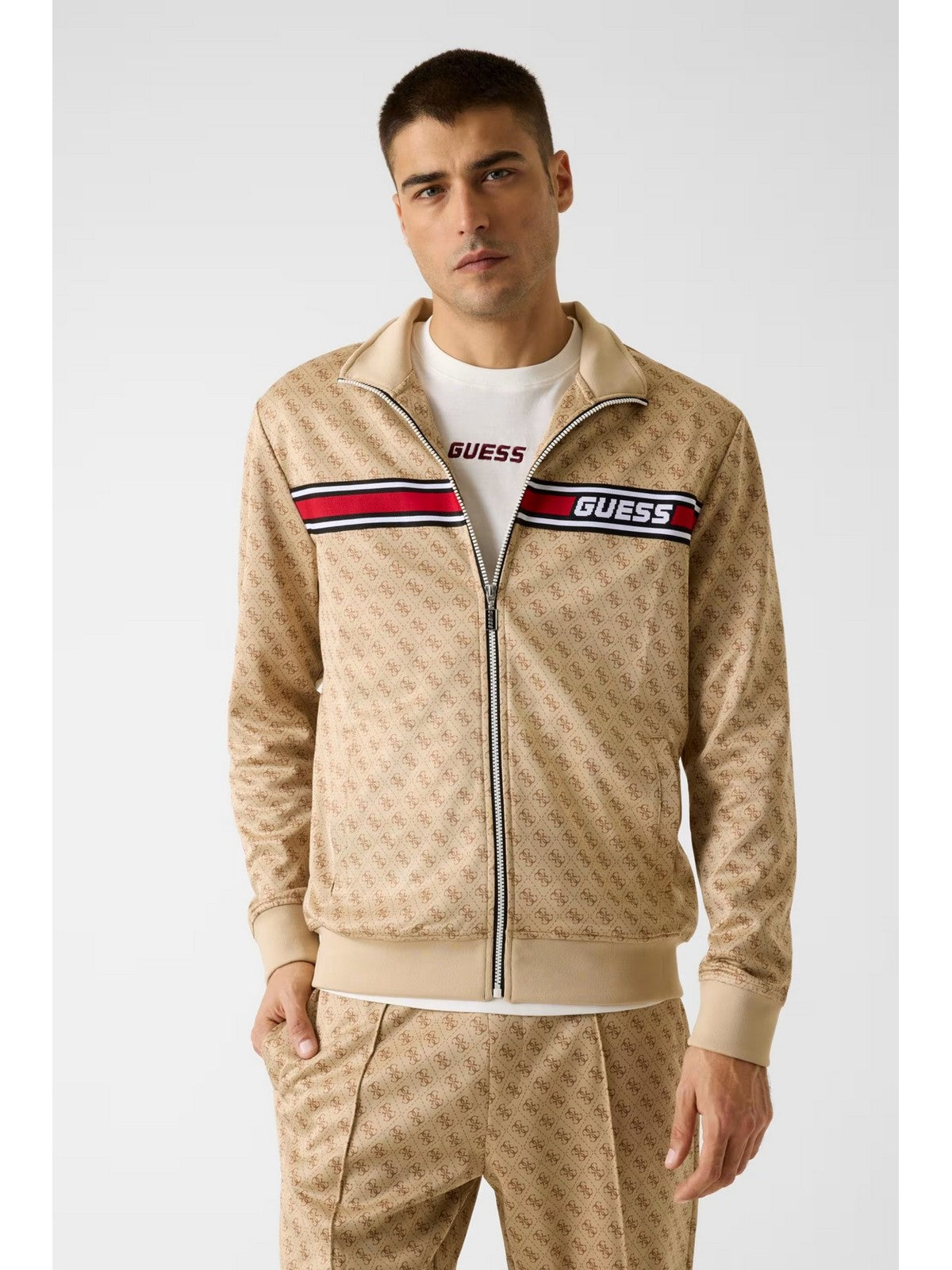 GUESS SPORT Felpa Uomo KORBIN FULL ZIP TRACKSUIT Z2BQ06 K7122 P13W 4G AOP BEIGE BLANCO