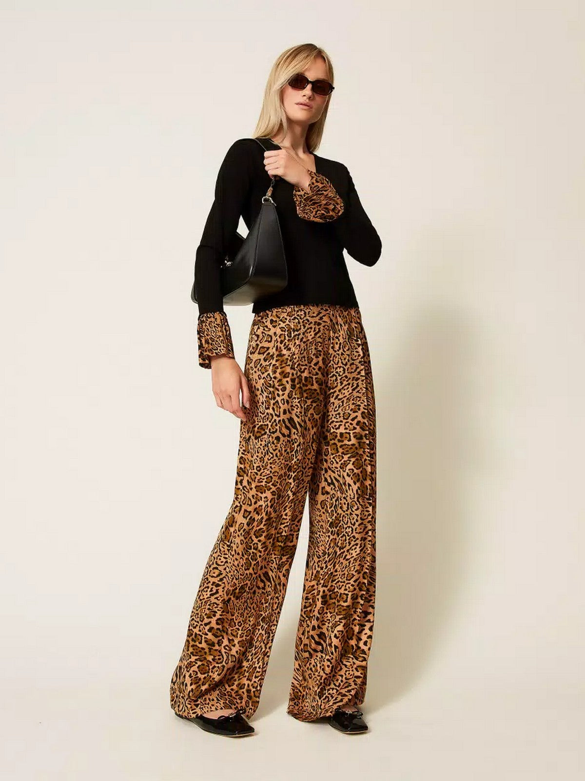 TWINSET Maglia Donna VISCOSE STRETCH & PRINTED FABRIC 252TP3154 12754 NERO/ST.ANIMALIER COFFEE/LAND