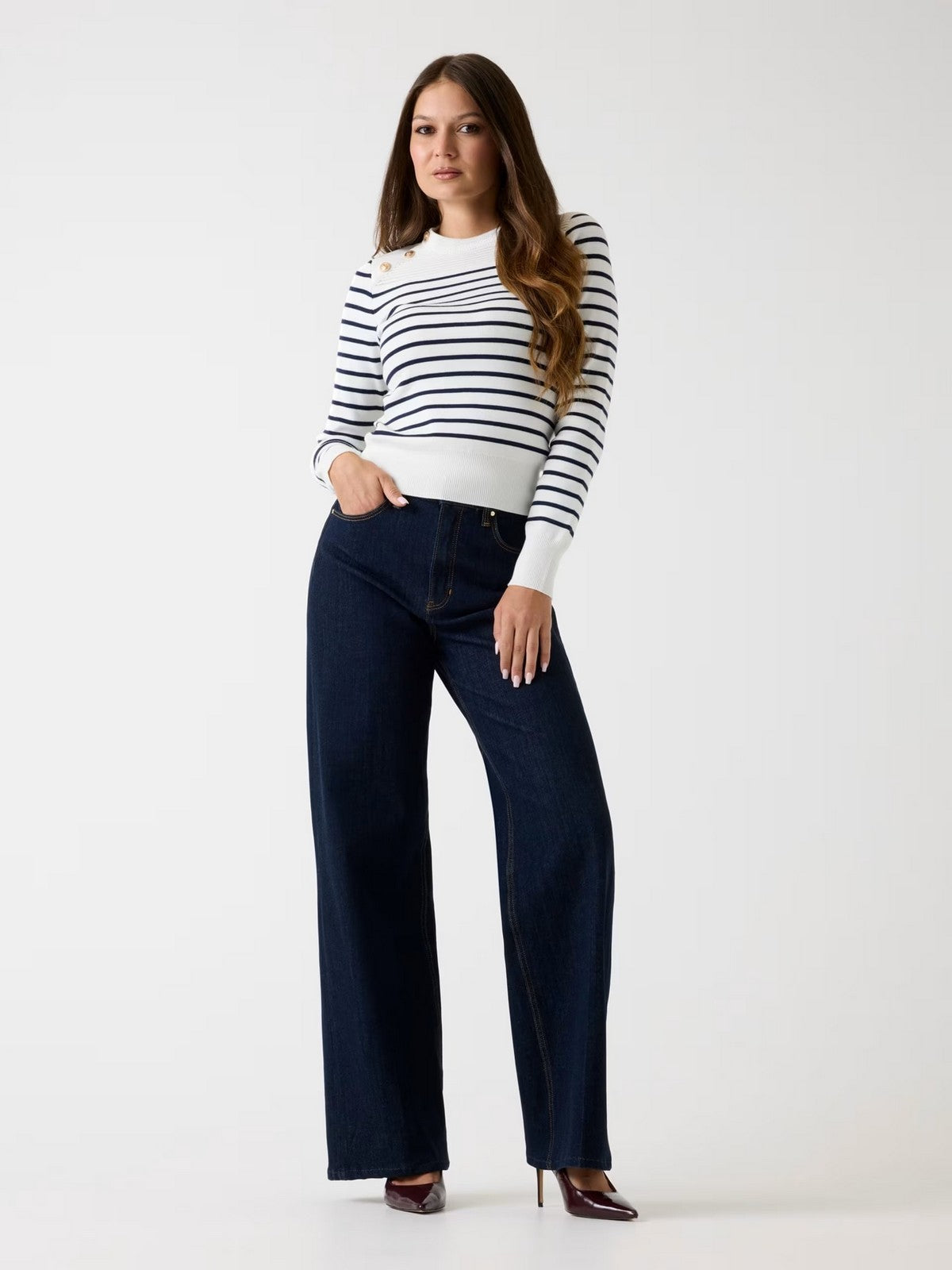 GUESS Maglione Donna LS CN HELEN SWTR W5BR36 Z0422 S00J CREAM AND BLUE STRIP