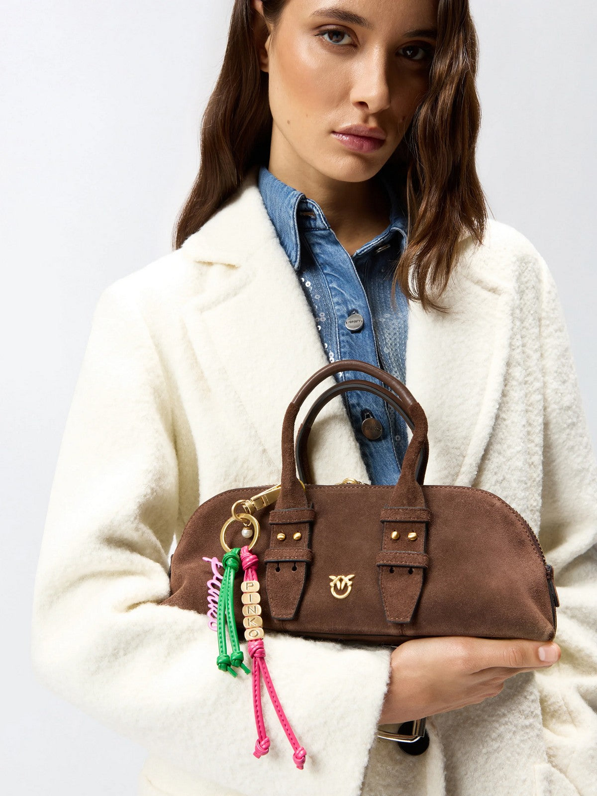 PINKO Borsa Donna BOWLING BAG HORIZONTAL SUEDE 105334-A2JH L74V MARRONE CASTANO MATT GOLD
