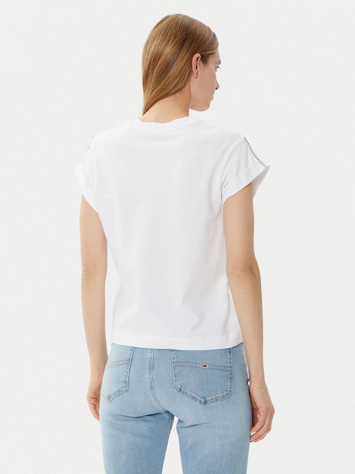 GUESS T-shirt Donna SS CN SLEEVES STRASS DETAIL W5RI06 I3Z14 G011 Bianco gioboutiqueweb