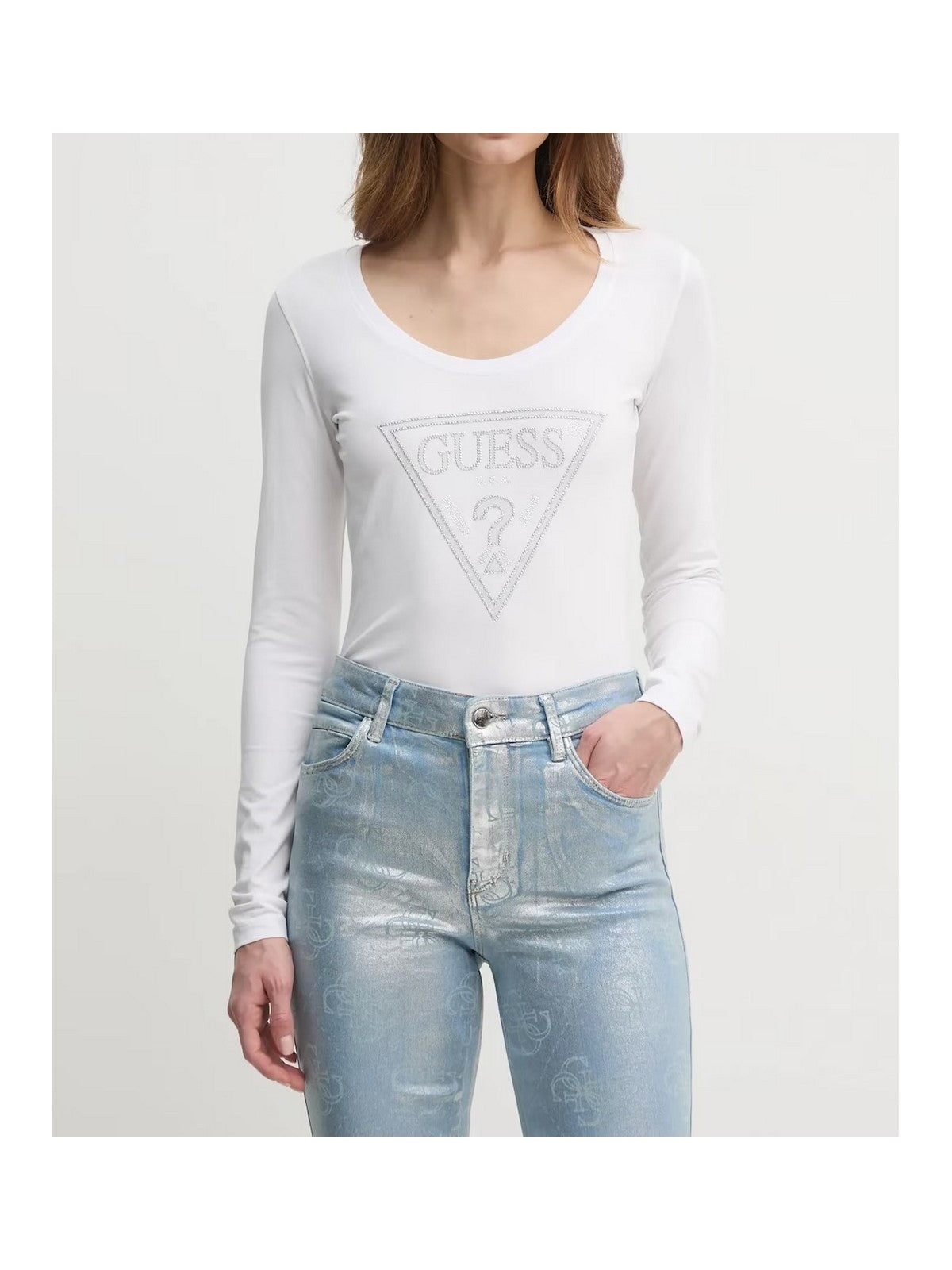 GUESS T-shirt Donna LS CN SHINY TRIANGLE TEE W5RI65 J1314 G011 PURE WHITE gioboutiqueweb
